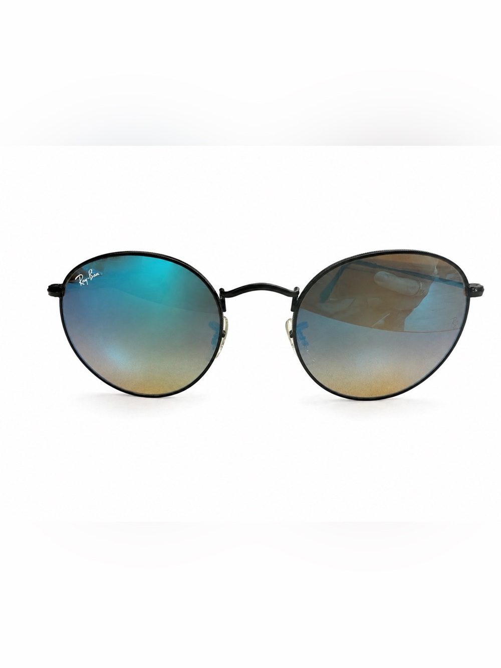 Ray-Ban Round Sunglasses with Blue-Green to Gold Gradient Lenses and Black Frame